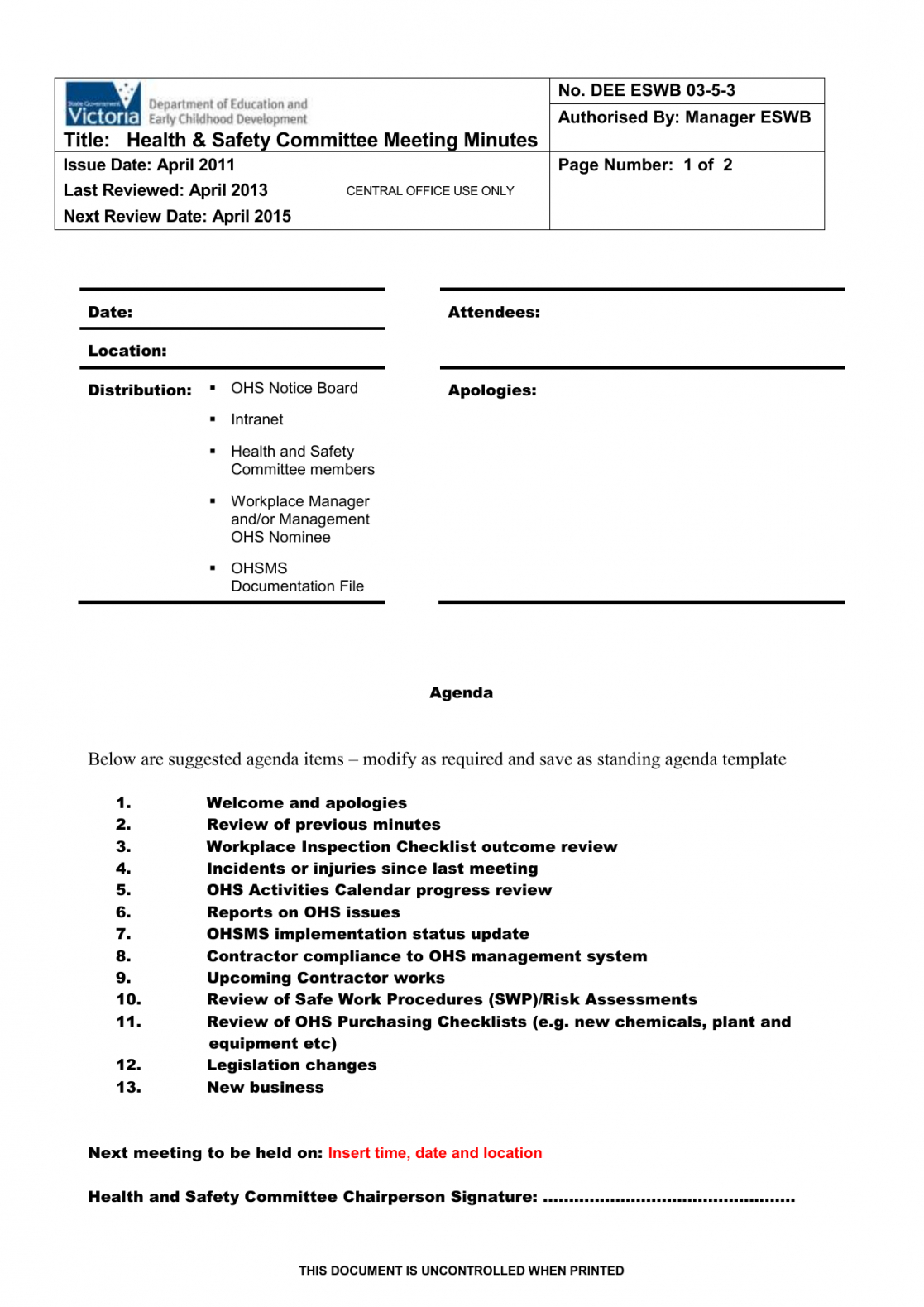 printable template safety meeting agenda template safety committee safety committee agenda template excel