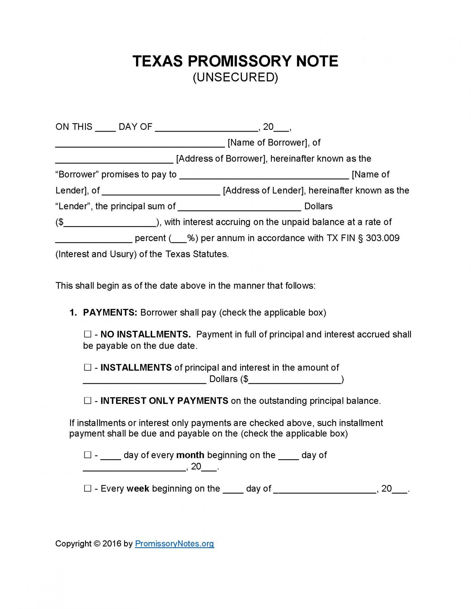 printable texas unsecured promissory note template  promissory notes texas promissory note template example