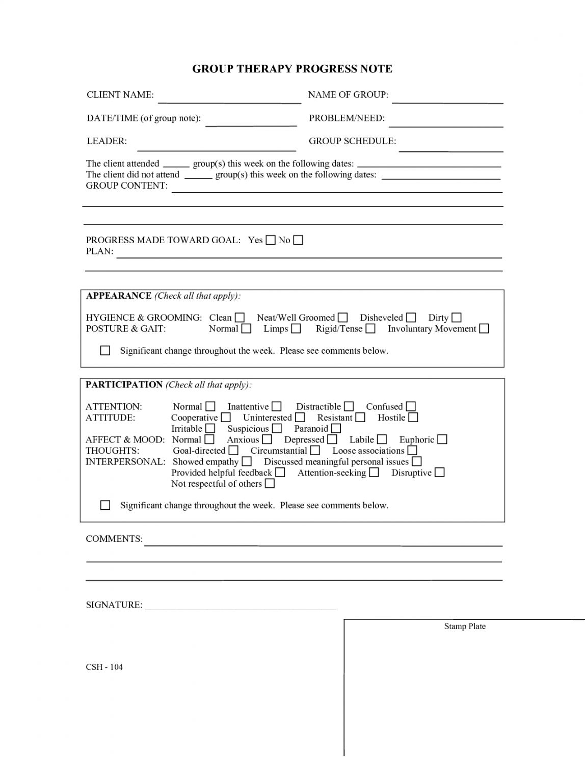 Printable Psychotherapy Progress Note Template Pdf 2098