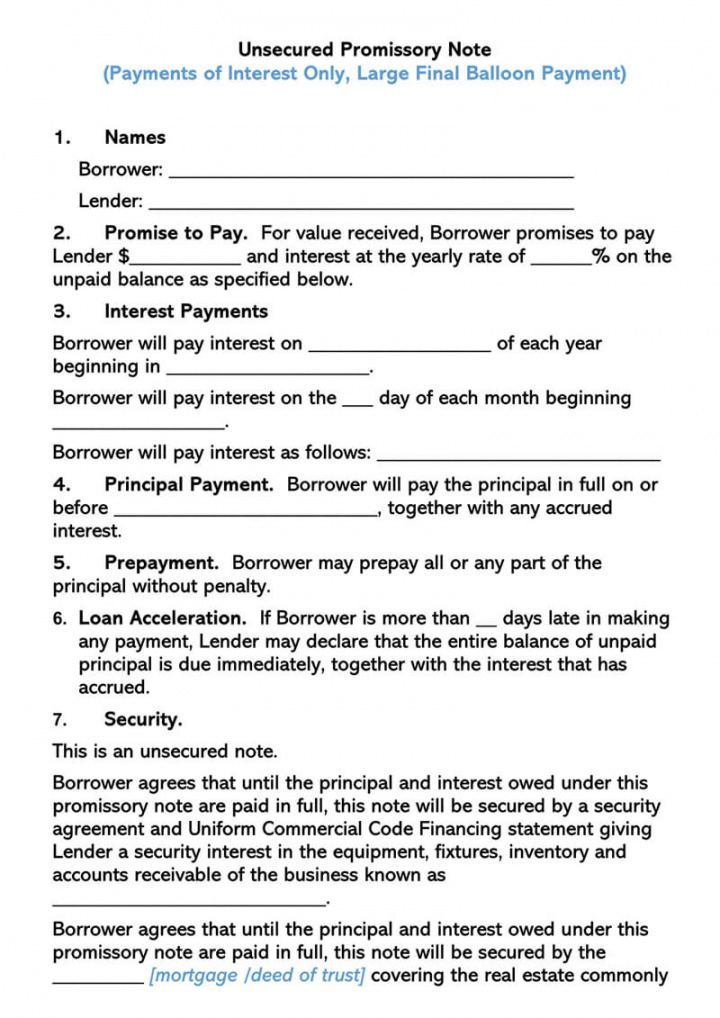 sample 40 free unsecured promissory note templates  forms wordpdf standard promissory note template