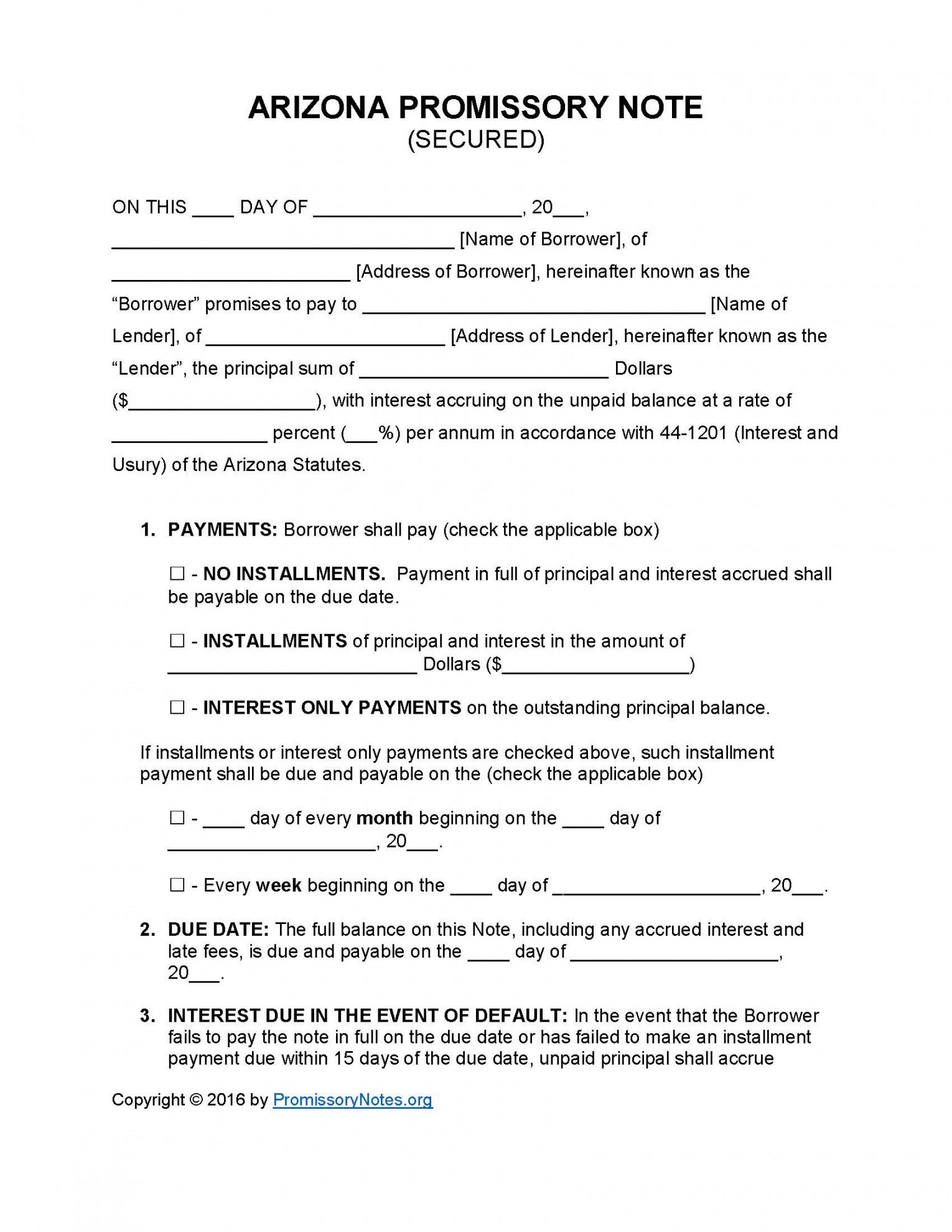 sample arizona secured promissory note template  promissory notes arizona promissory note template