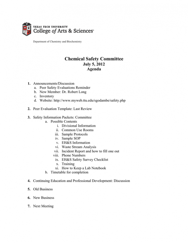 sample chemical safety committee july 5 2012 agenda safety committee agenda template doc
