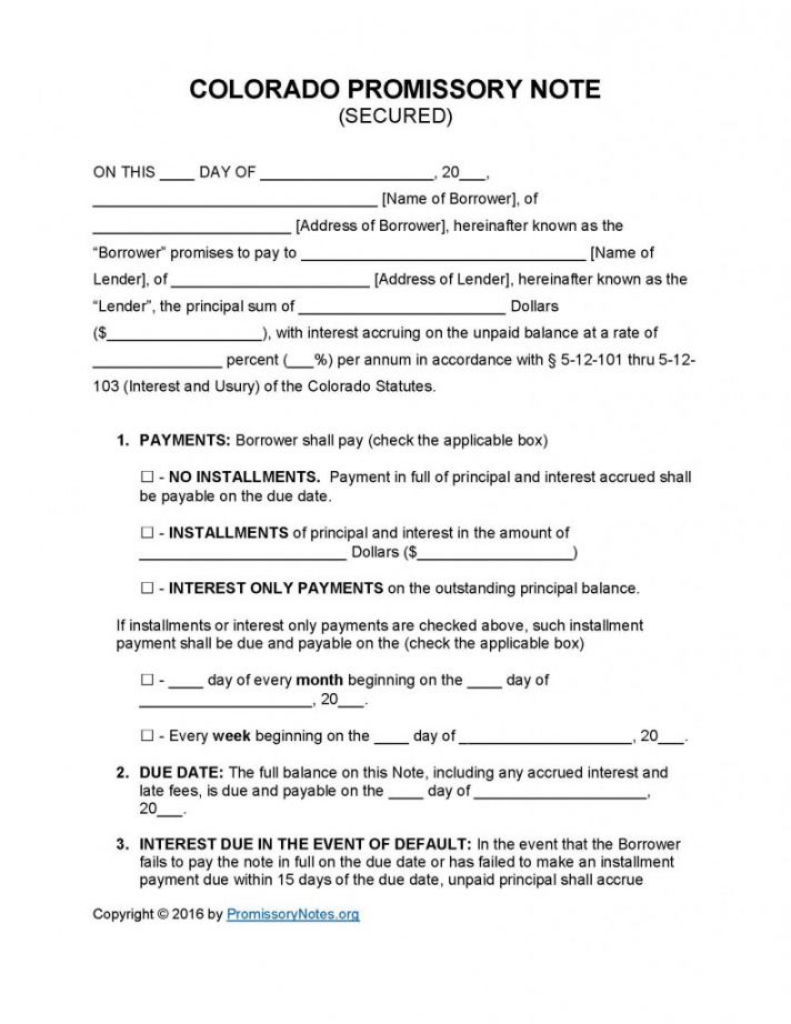 sample colorado secured promissory note template  promissory notes promissory note template colorado doc