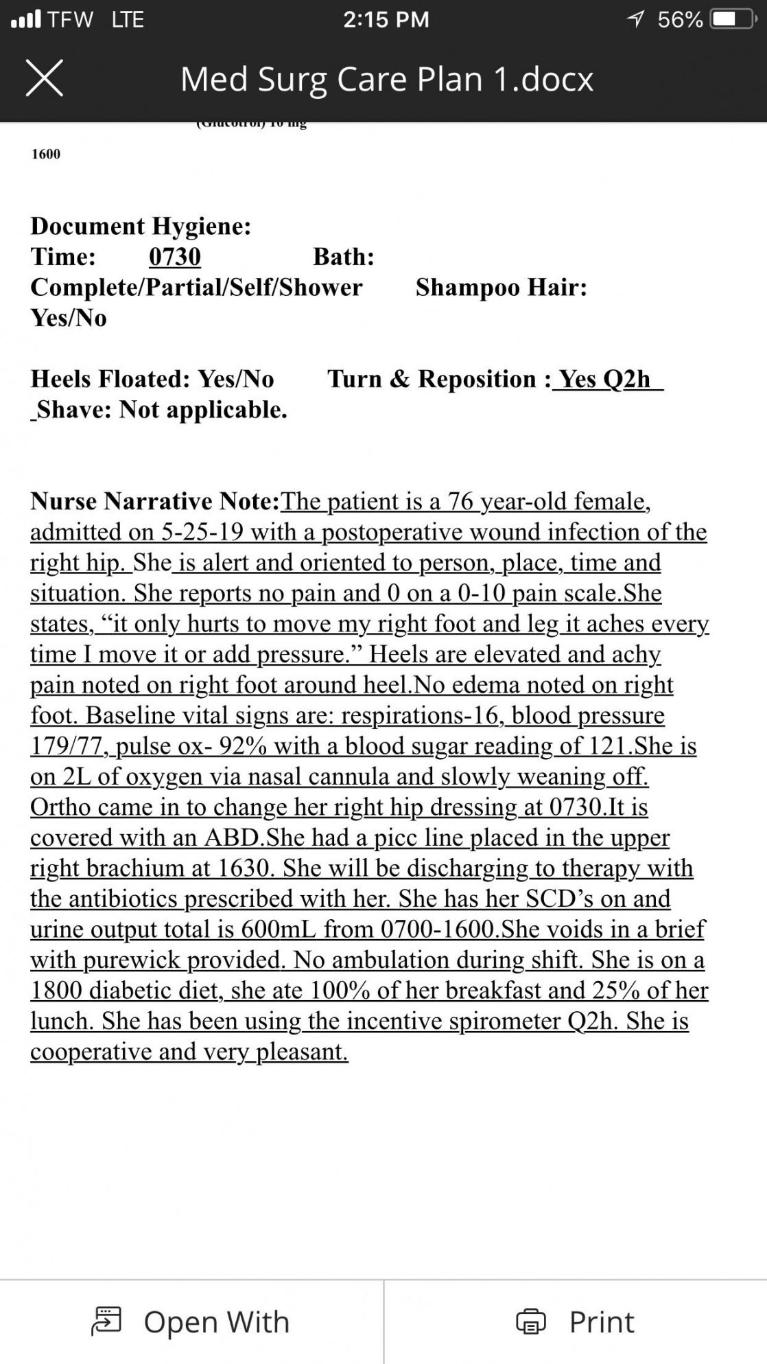 Nurse Narrative Note Template