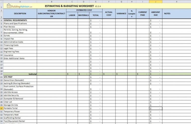 Sample Free Construction Estimating Spreadsheet For Building And Home