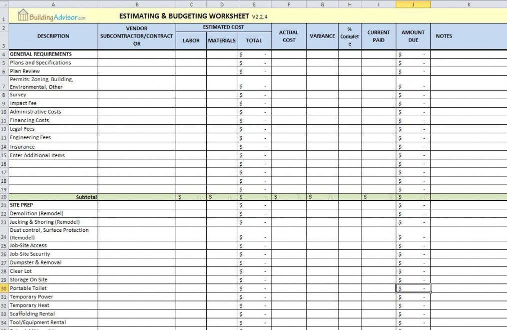 sample free construction estimating spreadsheet for building and home remodeling cost estimate template