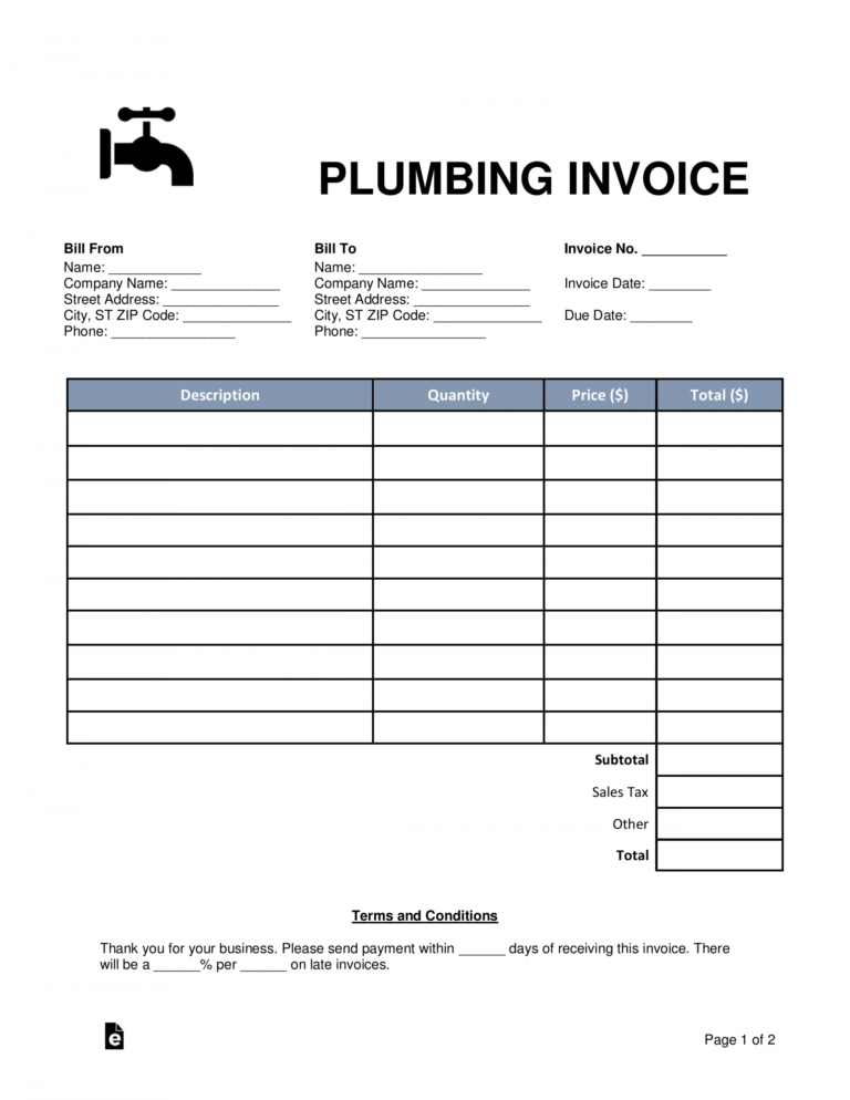 Sample Free Plumbing Invoice Template Word Pdf Eforms Free Plumber