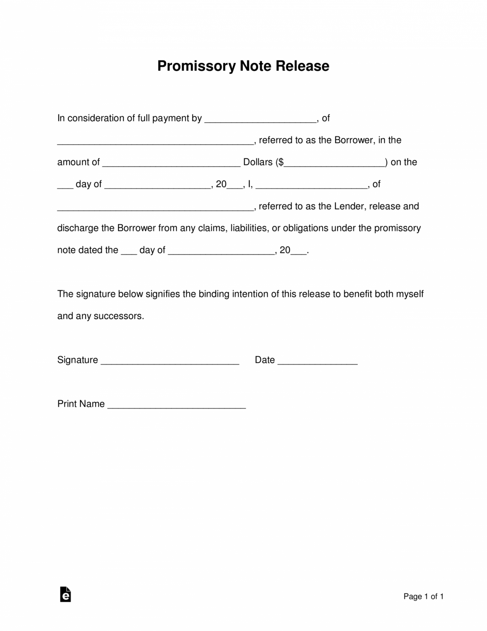 Sample Free Promissory Note Loan Release Form Word Pdf Release Of