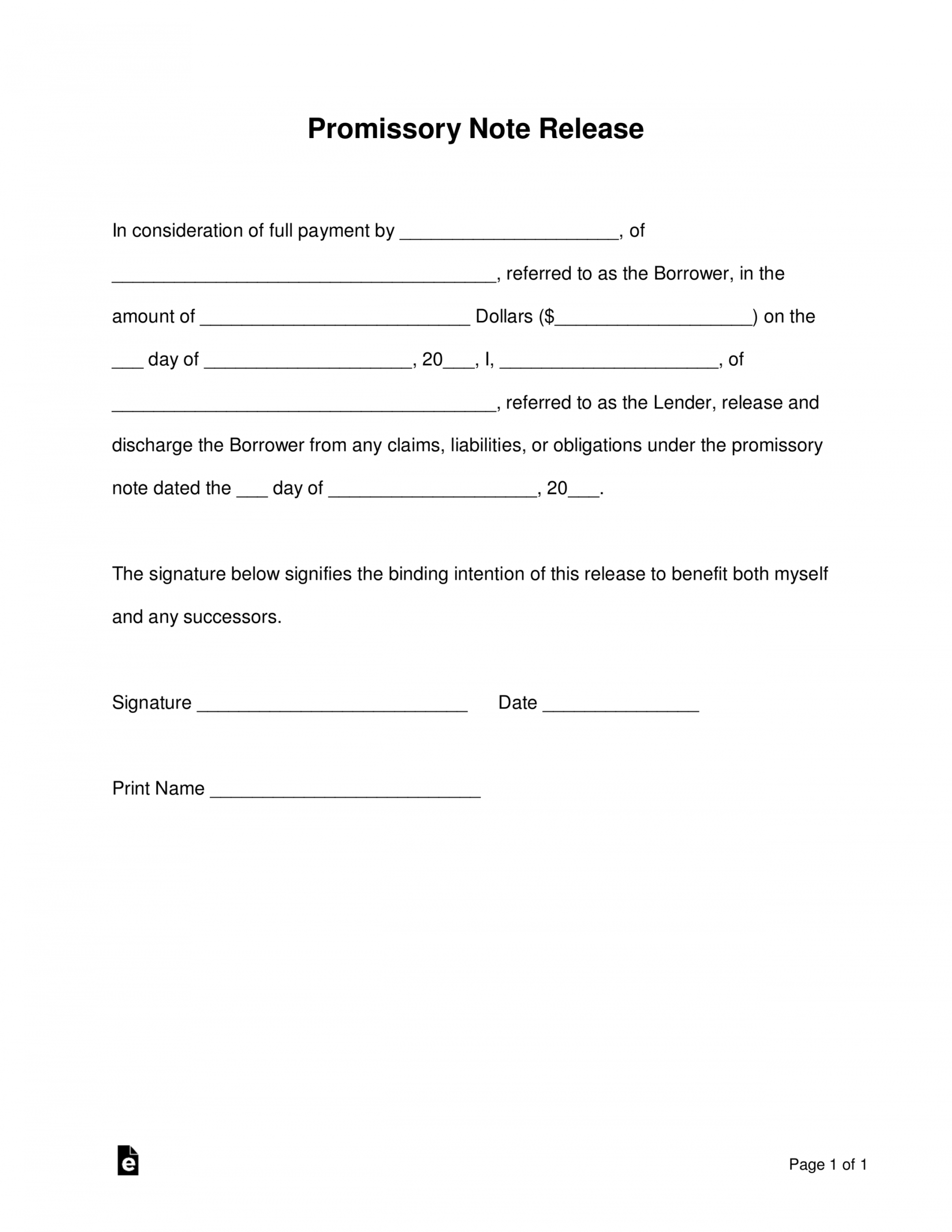 sample free promissory note loan release form  word  pdf release of promissory note template example