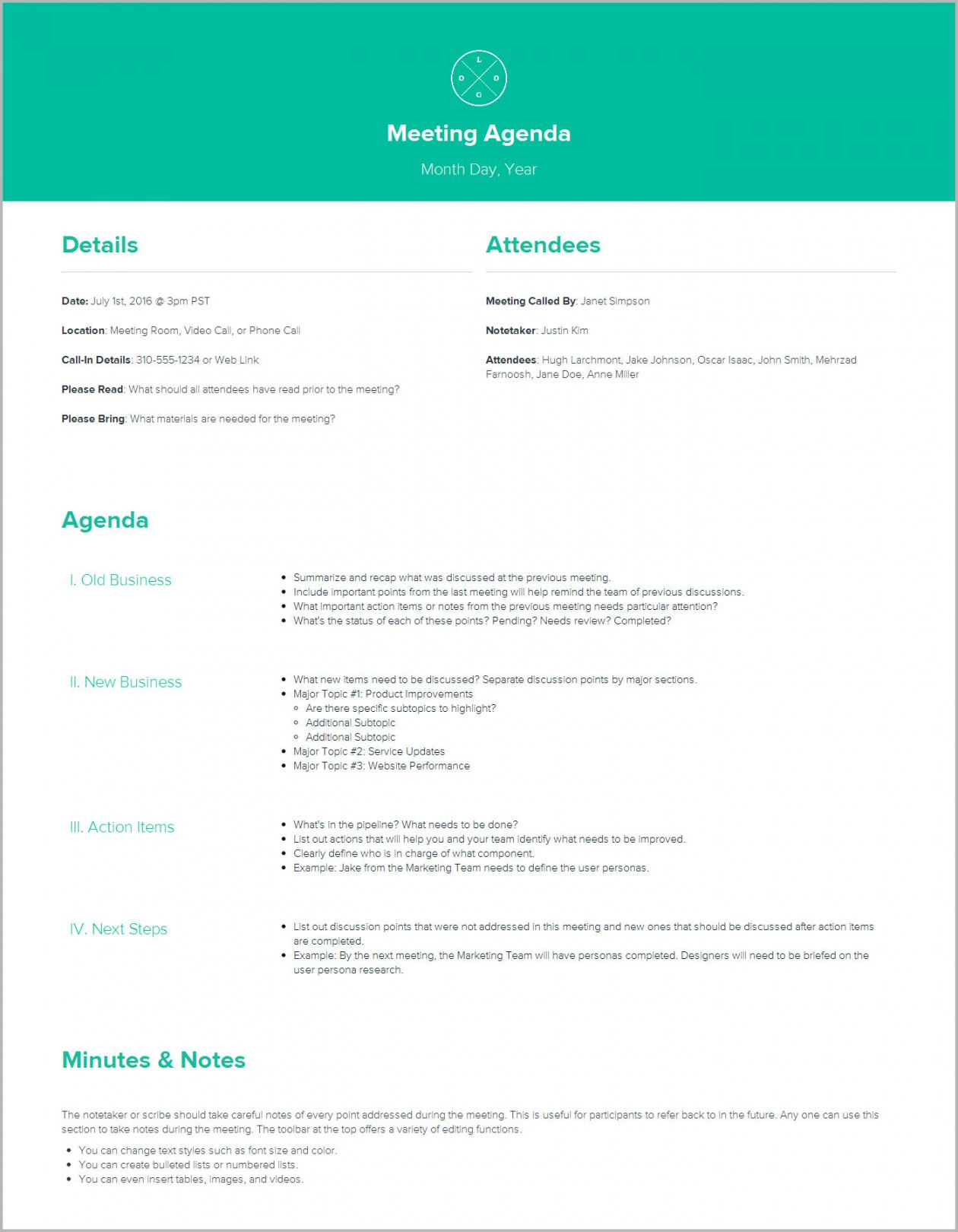 sample how to create a meeting agenda  xtensio online agenda template