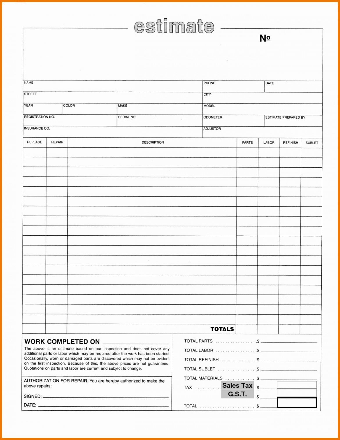 sample new estimate template free exceltemplate xls xlstemplate garage estimate template excel