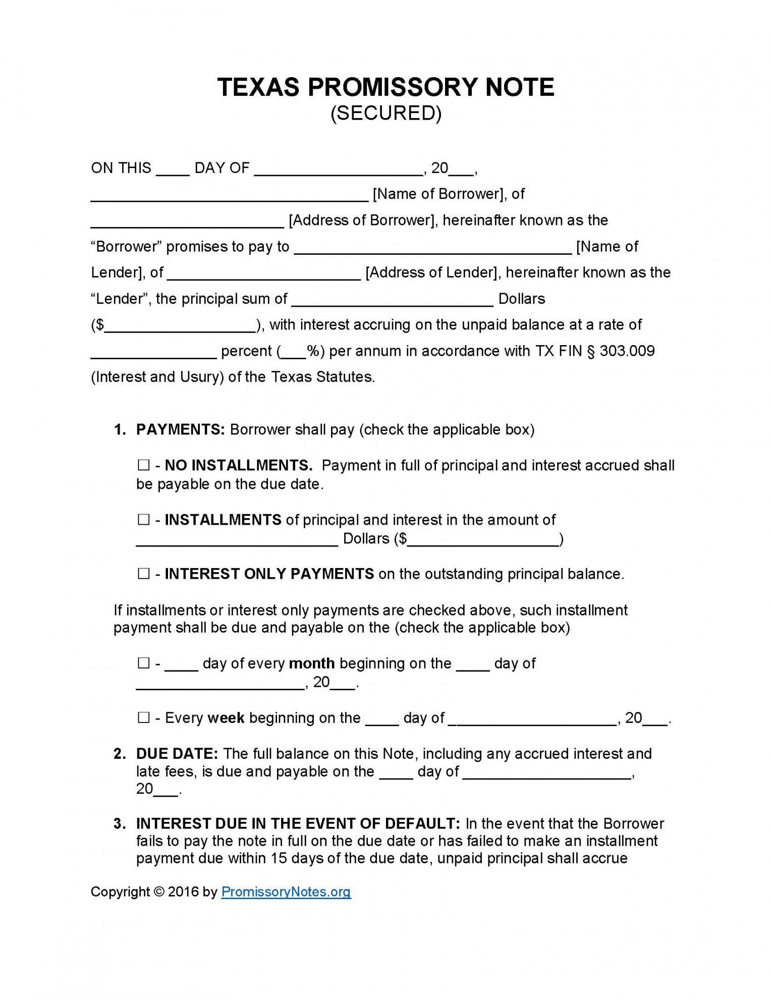 texas secured promissory note template  promissory notes texas promissory note template doc