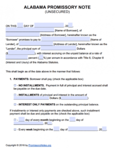 alabama unsecured promissory note template  promissory unsecured promissory note template pdf