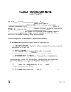 printable free hawaii unsecured promissory note template  word  pdf unsecured promissory note template sample