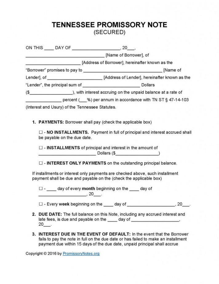 sample tennessee secured promissory note template  promissory legal promissory note template