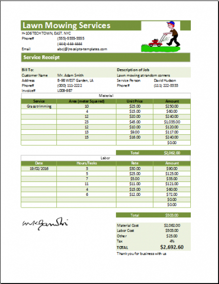 editable ms excel printable lawn mowing receipt template  lawn lawn service estimate template word