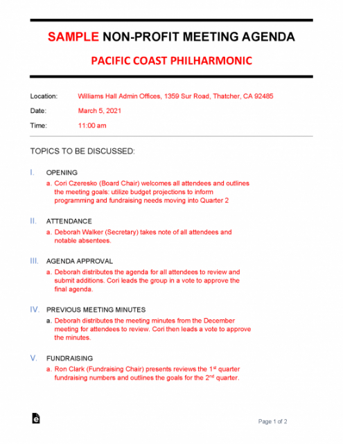 editable nonprofit meeting agenda template  sample  eforms board agenda template non profit sample