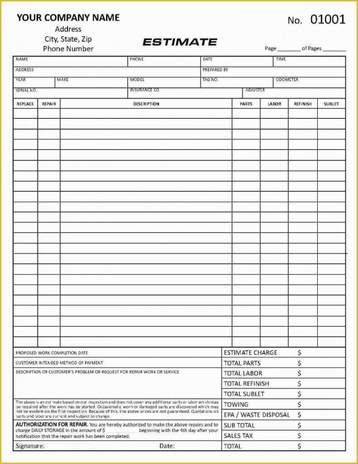 editable repair estimate form template free of automotive repair vehicle repair estimate template sample