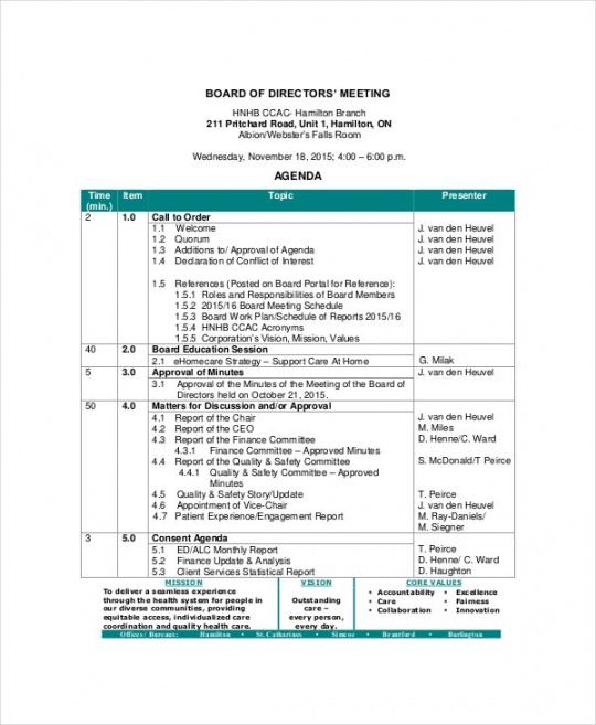 free board of directors meeting agenda template  8 free word school board meeting agenda template sample