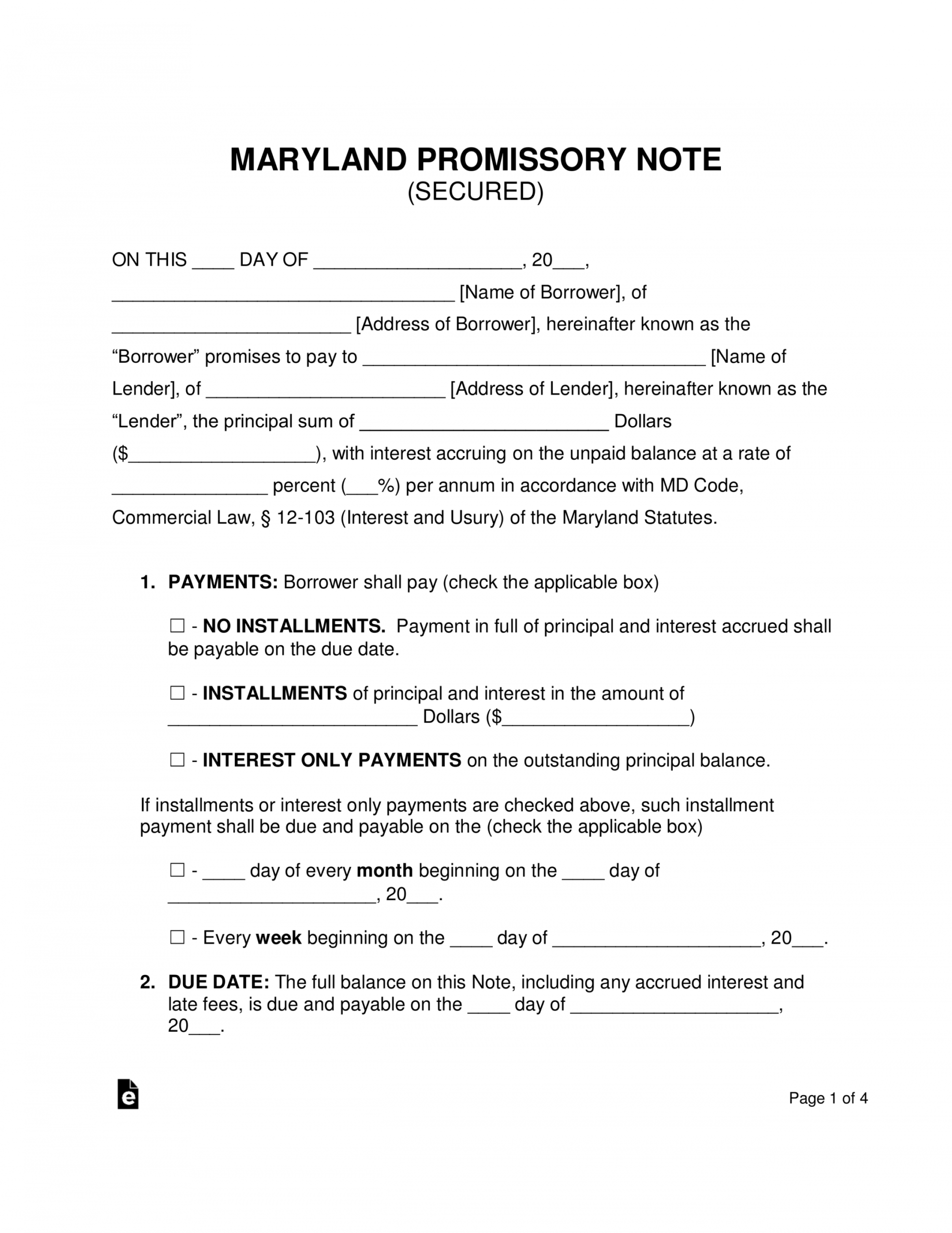 free maryland secured promissory note template  word convertible promissory note template example
