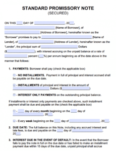 printable secured promissory note templates  promissory notes automobile promissory note template excel