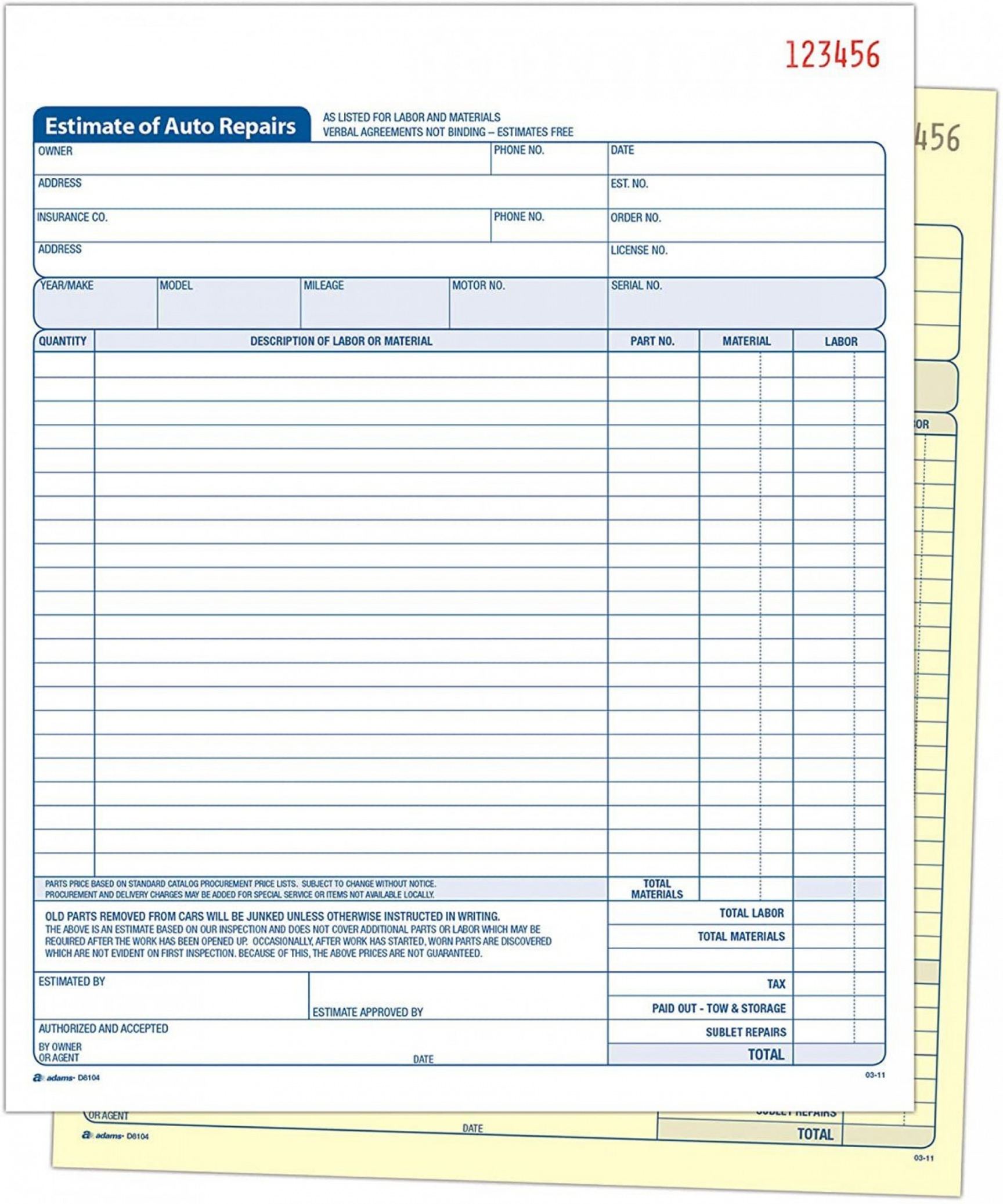 Sample Body Shop Estimate Template Addictionary Body Repair Estimate