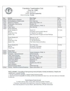 free friendship toastmasters club meeting programme_04 jan 2011 toastmasters meeting agenda template