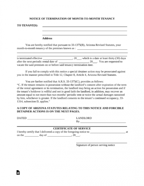 Arizona Lease Termination Letter Template 30Day Notice Promissory Note ...