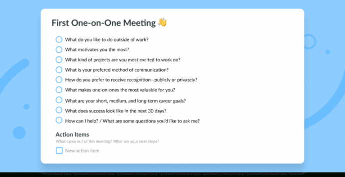 editable 9 questions for your first oneonone meeting with a new quality meeting agenda template word