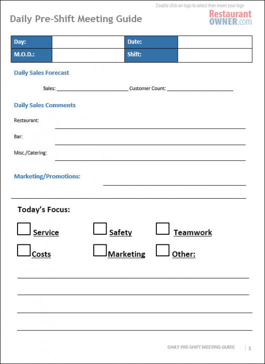 Editable Daily Preshift Meeting Guide Pre Construction Meeting Agenda