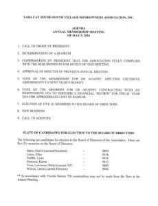 editable tara cay sound south village tcss  notice  agenda of condo board meeting agenda template sample