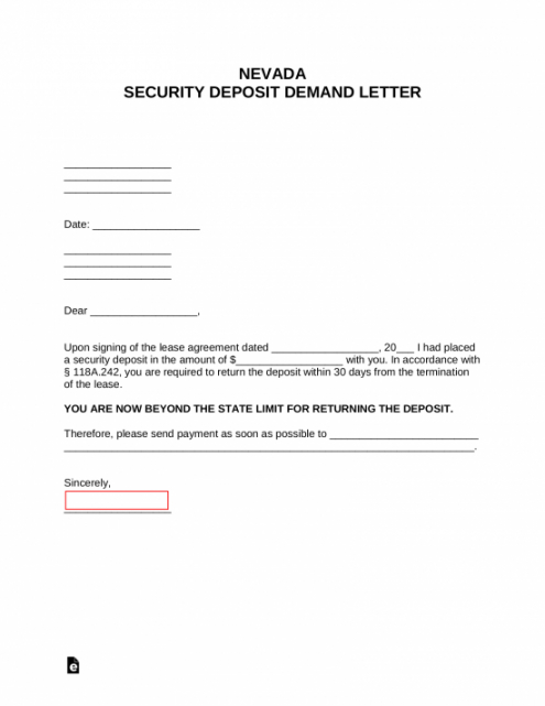 free free nevada security deposit demand letter  pdf  word promissory note template nevada pdf