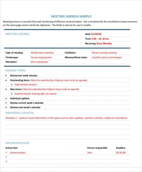 free weekly agenda templates  10 free word pdf format weekly staff meeting agenda template sample