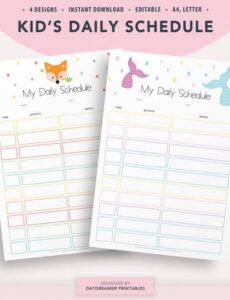 printable editable kids daily planner kids schedule printable daily agenda template for students word