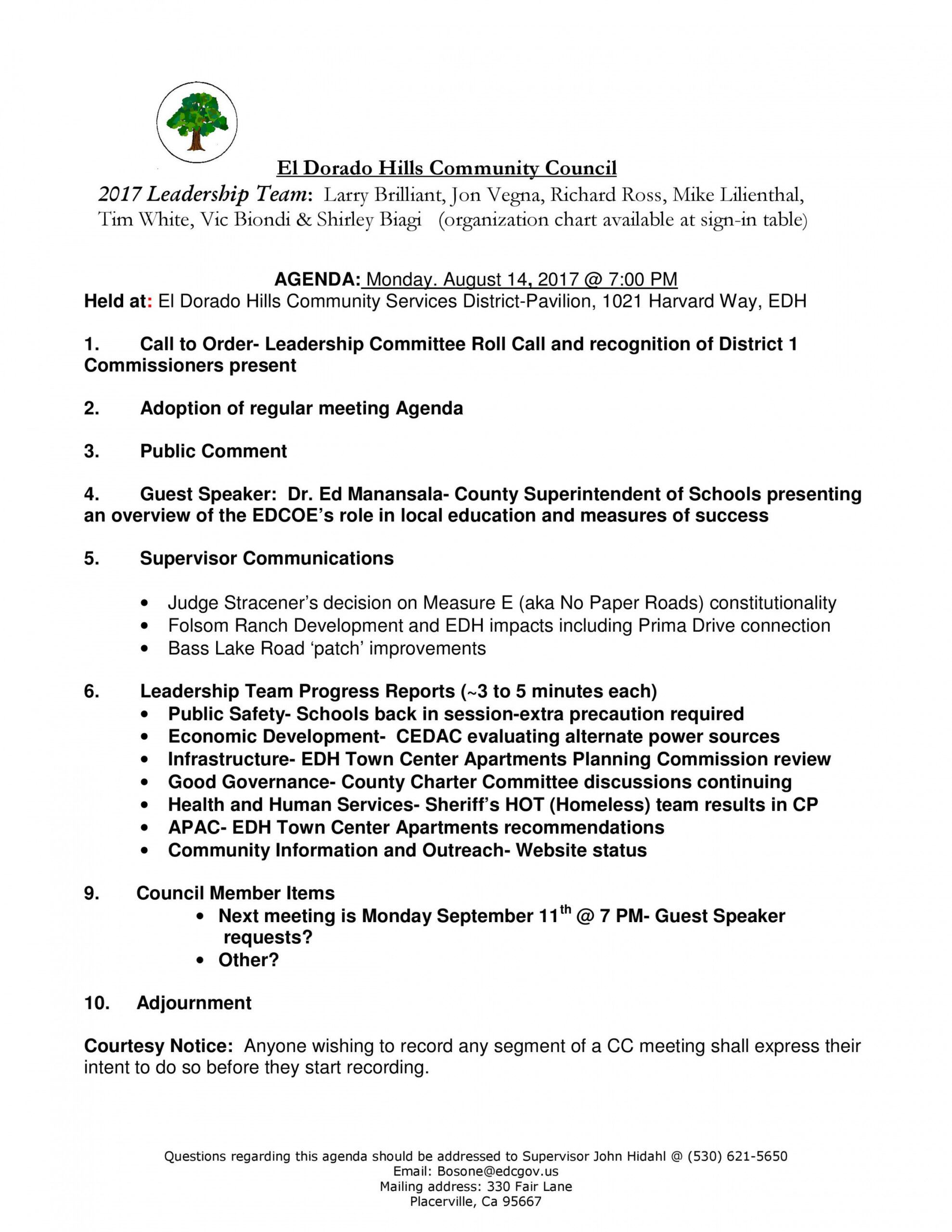 printable el dorado hills community council aug 2017 meeting agenda student council agenda template word