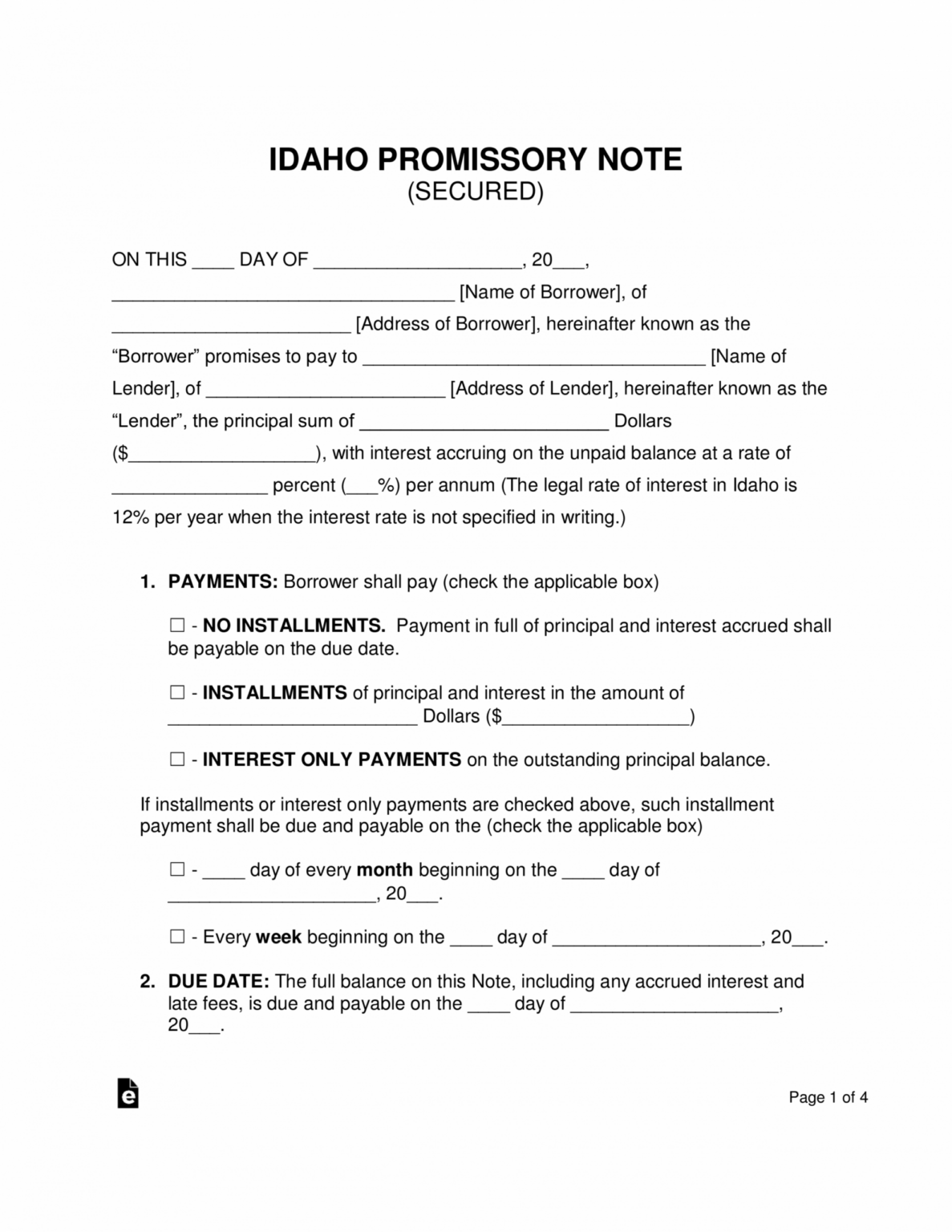 Printable Free Idaho Secured Promissory Note Template Word Pdf Loan