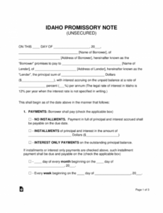 printable free idaho unsecured promissory note template  word  pdf promissory note secured by deed of trust template excel