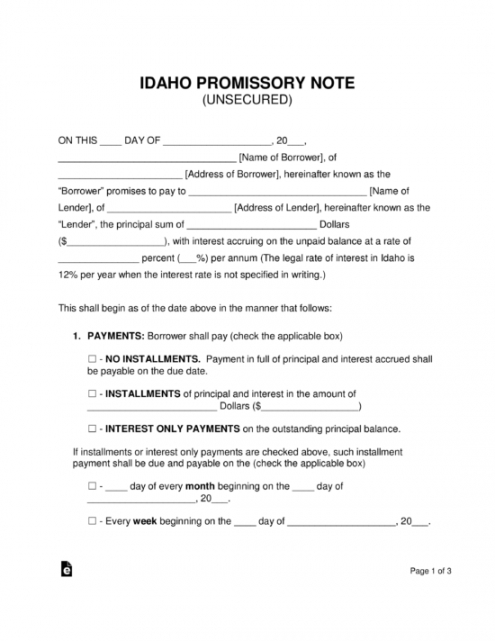 printable free idaho unsecured promissory note template  word  pdf promissory note secured by deed of trust template excel