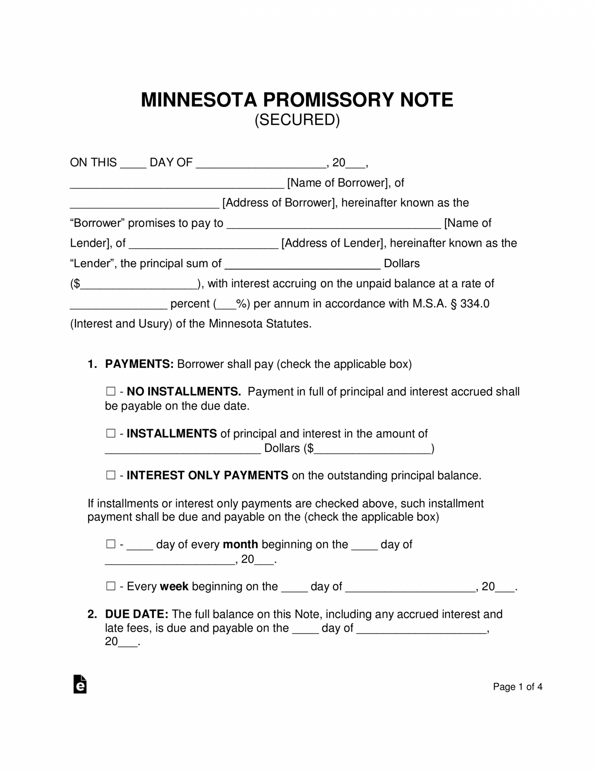printable free minnesota secured promissory note template  word template for promissory note doc