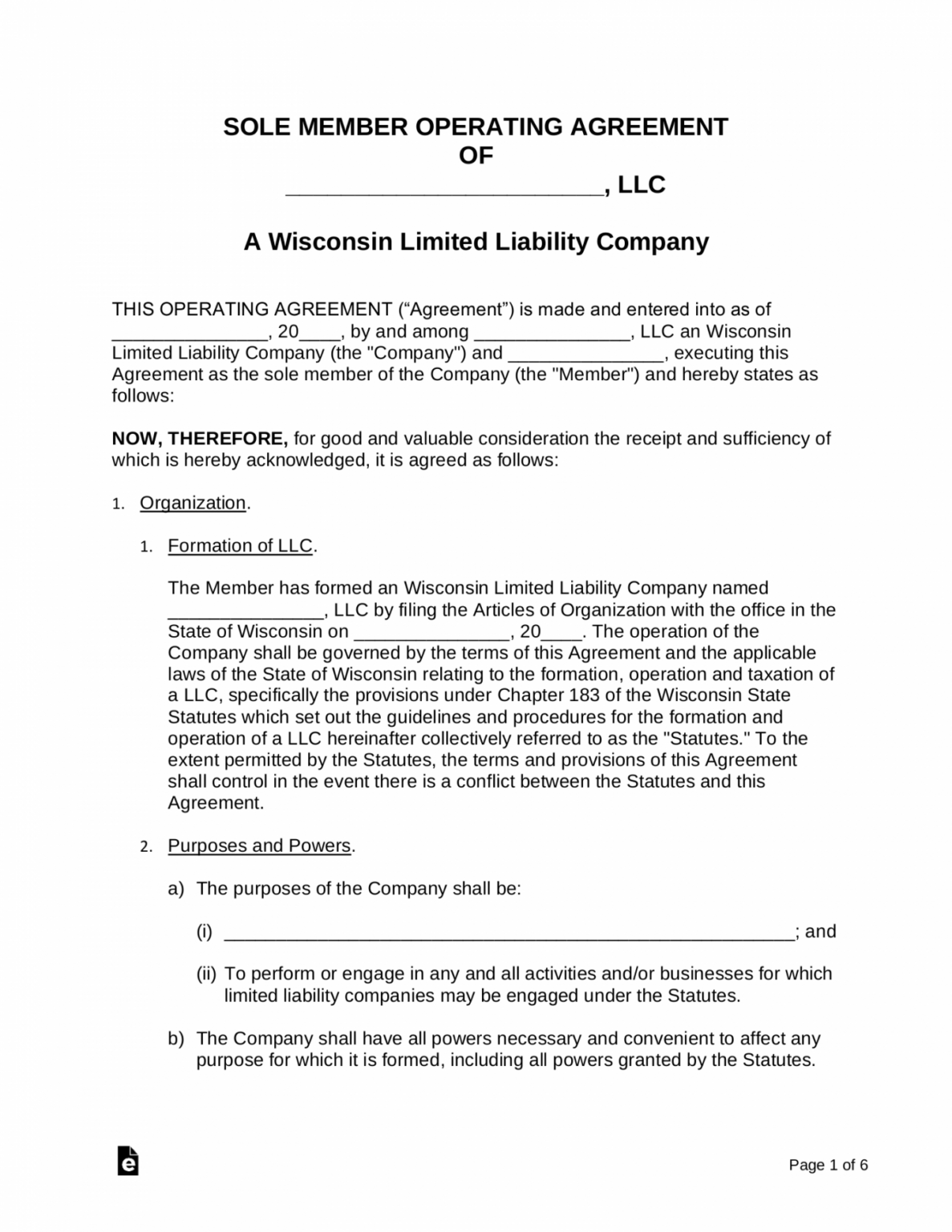 Printable Free Wisconsin Single Member Llc Operating Agreement Form
