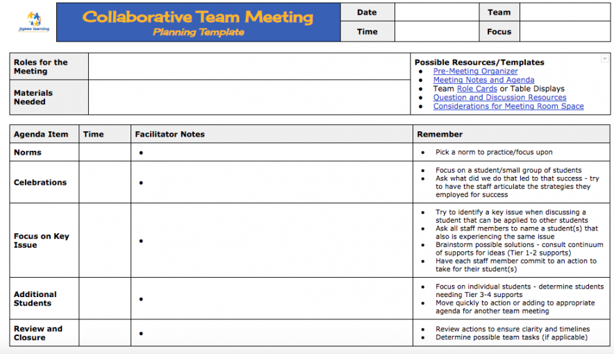 printable jigsaw learning  collaborative team meetings teacher team meeting agenda template word