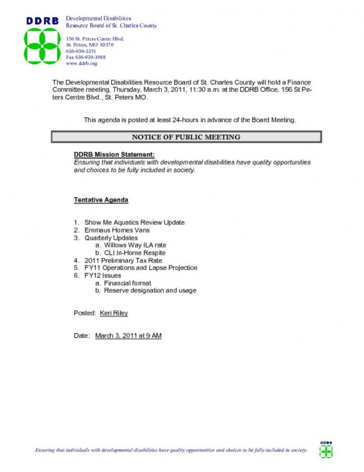 printable march 03 2011 finance committee meeting agenda  ddrb quality meeting agenda template pdf