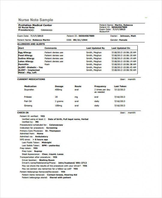 Printable Nurses Notes Narrative Charting Sample Hq Printable Nurse ...