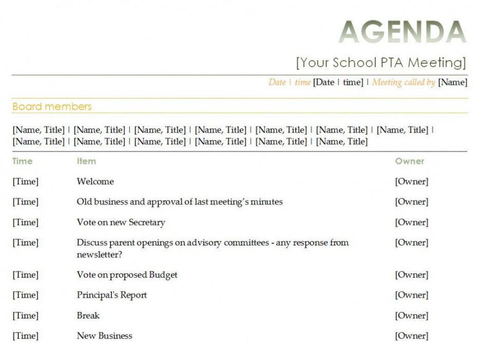printable pta meeting agenda template school board meeting school meeting agenda template word