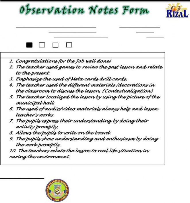 sample classroom observation tool cot  teachers  curriculum observation note template sample