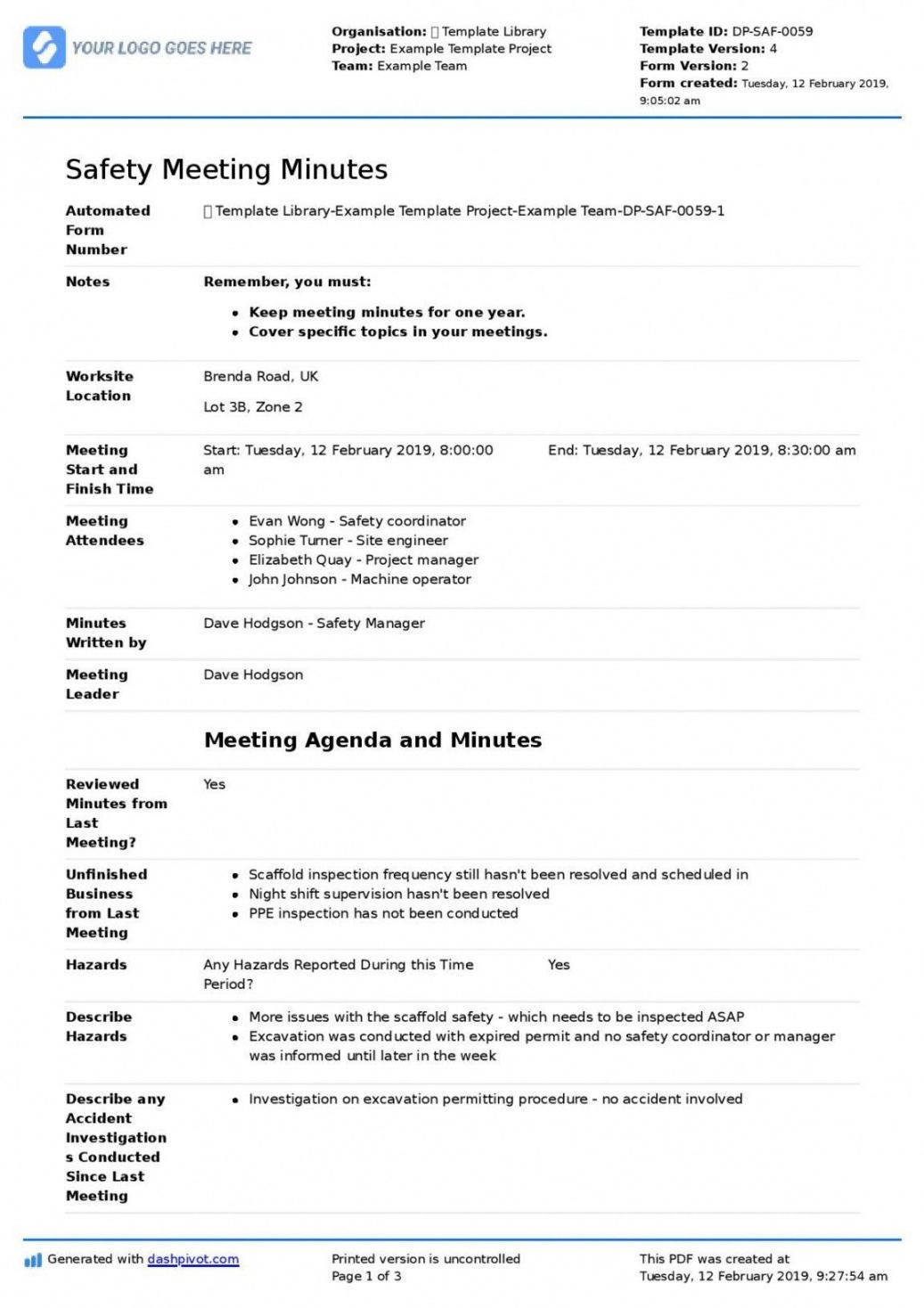 sample editable safety meeting minutes template free to use and safety meeting agenda template sample