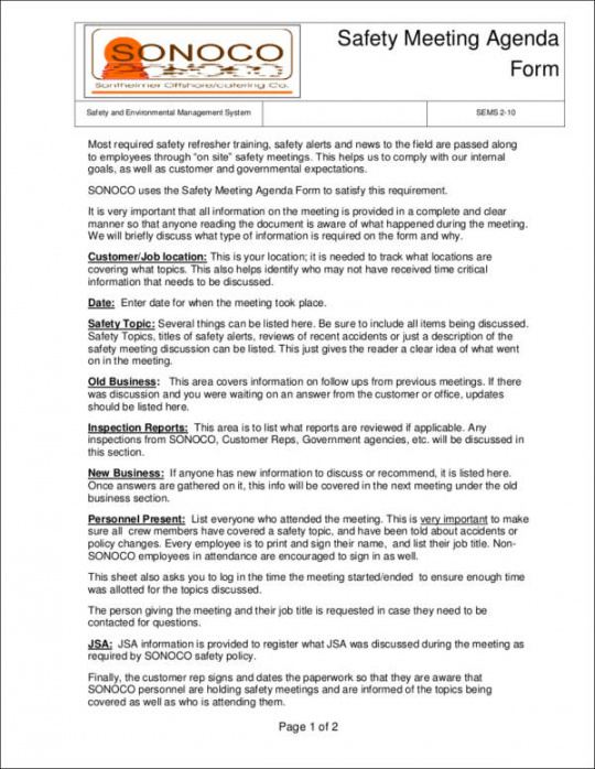 sample free 18 safety agenda samples  templates in ms word  pdf safety meeting agenda template