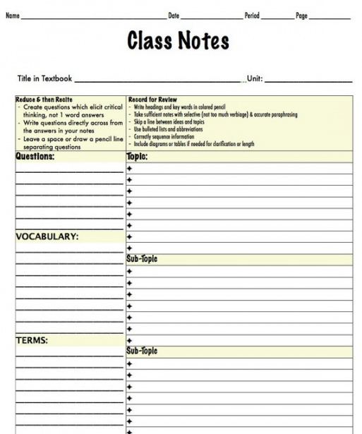 sample items similar to note taking template middle  highschool cute note taking template pdf