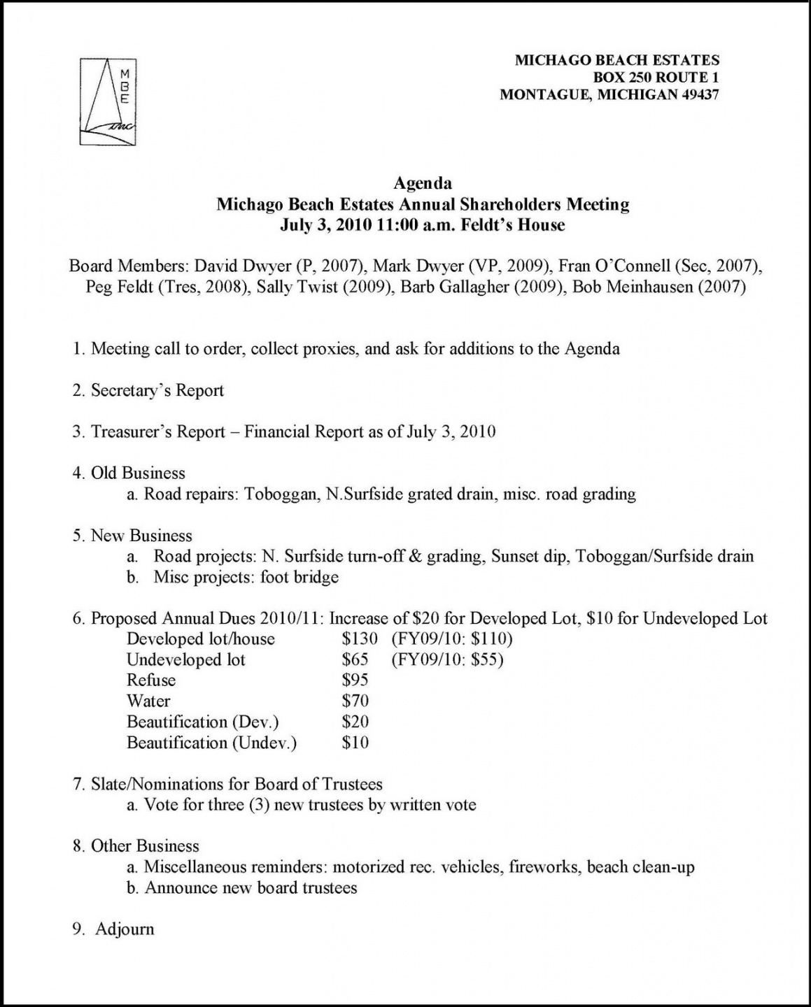 sample michago beach estates 2010 shareholders meeting agenda annual meeting agenda template example