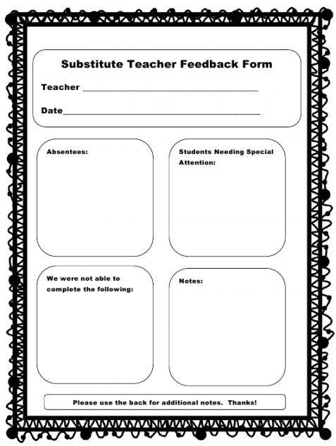 sample substitute teacher feedback form download printable pdf substitute teacher note template example